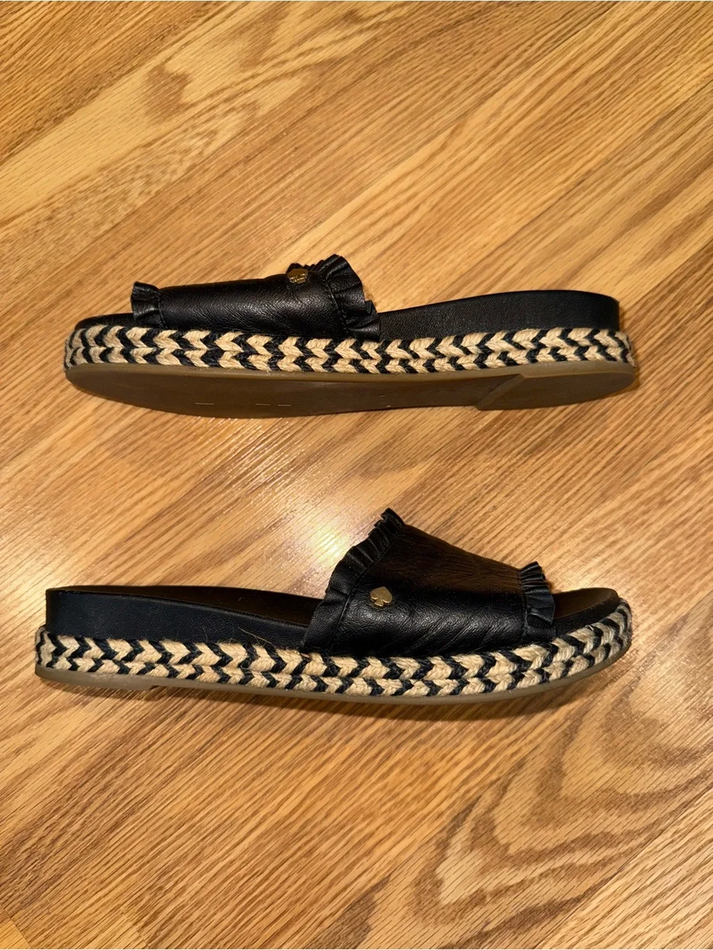 Kate Spade New York Zahara slide sandals black leather ruffle trim jute sole